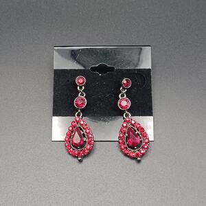 Ruby Red Dangle Earrings Gunmetal Tone Teardrop Drop Holiday Prom 2"
